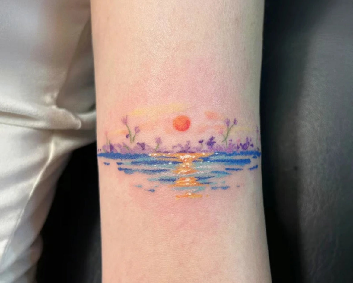 Tatouage temporaire coucher de soleil, mer et fleurs - Imperméable et durable