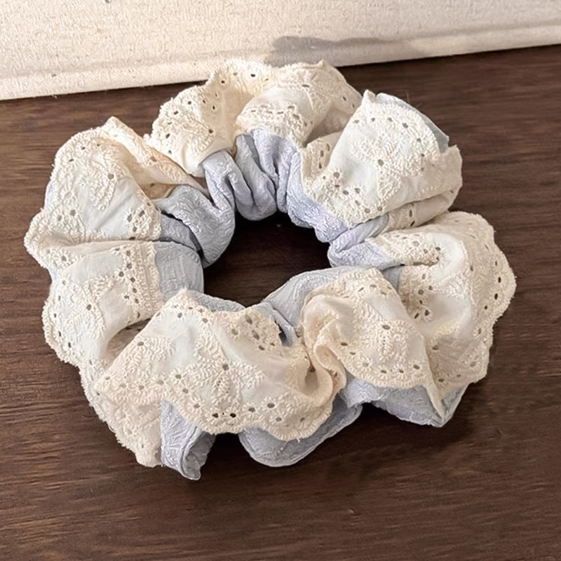 Handmade Double Lace Light Blue Plaid Hair Scrunchie